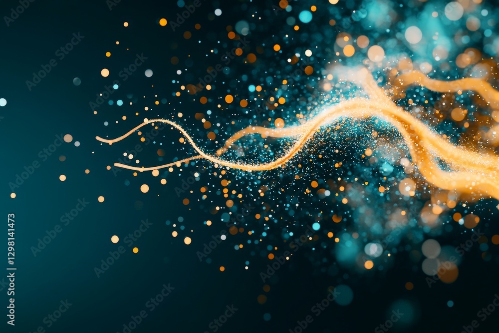 Poster abstract digital art of glowing golden light waves on a deep blue background with futuristic motion 