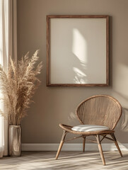 A peaceful indoor space features a rattan chair and pampas grass by a sunlit window