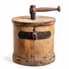 Rustic Wooden Butter Churn with Hand Crank and Vintage Design