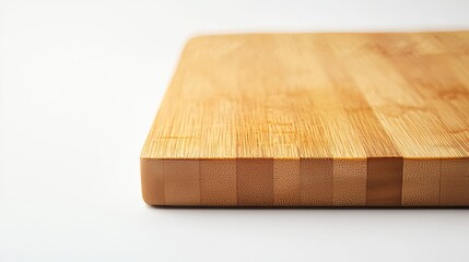 A wooden cutting board, photographed up close, against a white background.
