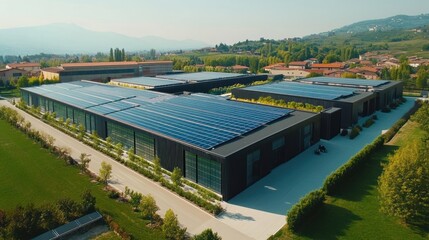 Aerial view of modern industrial complex with solar panels on rooftops.