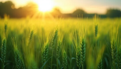 Fototapeta premium Sunlit green wheat field at dawn. Young wheat plants in agriculture landscape under soft morning sunlight. Cultivated crop field. Rural springtime nature with sun. Food production.