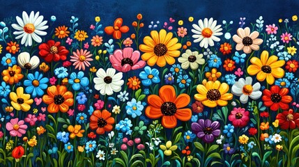 Colorful wildflowers meadow, summer garden, vibrant floral illustration, nature background, spring banner