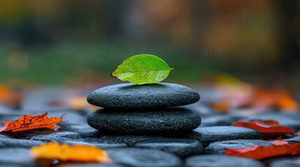 Autumn leaf on zen stones, rain, park, peaceful scene, meditation