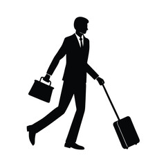Businessperson silhouette actively pulling suitcase while holding coffee cup in transit