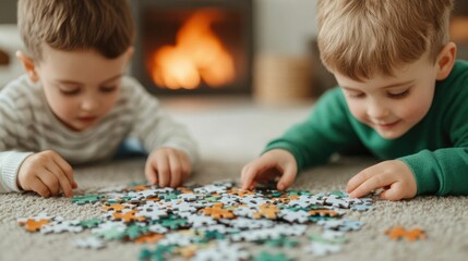 Fototapeta premium Two young boys focused on solving a colorful jigsaw puzzle together on the floor by a warm roaring fireplace in a cozy winter indoor setting at home