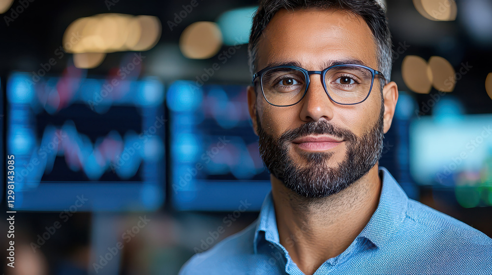 Poster confident trader in smart casual outfit stands in front of digital stock charts, exuding focus and d