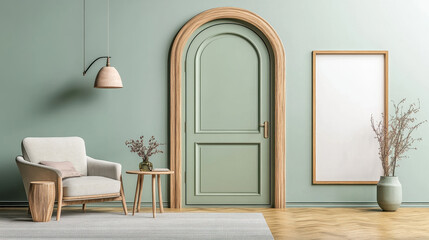 Serene Interior: A minimalist living space featuring a muted green door, arched doorway, and stylish furnishings. This scene evokes a sense of calm.