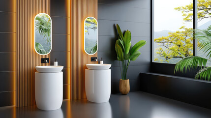 contemporary luxury washroom with twin cylindrical sinks, large mirrors, and lush greenery, creating serene and elegant atmosphere