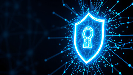 Glowing Cybersecurity Shield with Keyhole and Digital Network Connections