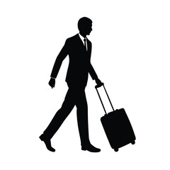 Businessperson silhouette gracefully walking with rolling suitcase effortlessly