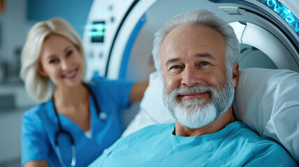 Fototapeta premium senior man with beard smiles while lying on hospital bed, with nurse in blue scrubs standing beside him, in modern medical facility