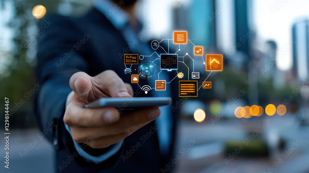 Aufkleber person holding smartphone with digital interface displaying various data icons, representing busines