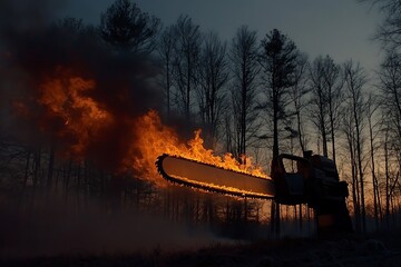 Fototapeta premium A chainsaw engulfed in flames against a backdrop of a forest at sunset.