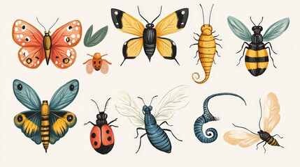 Vibrant illustration featuring a gracefully poised butterfly facing left with expansive wings, alongside a detailed beetle, both captured in stunning detail, evoking nature's artistry