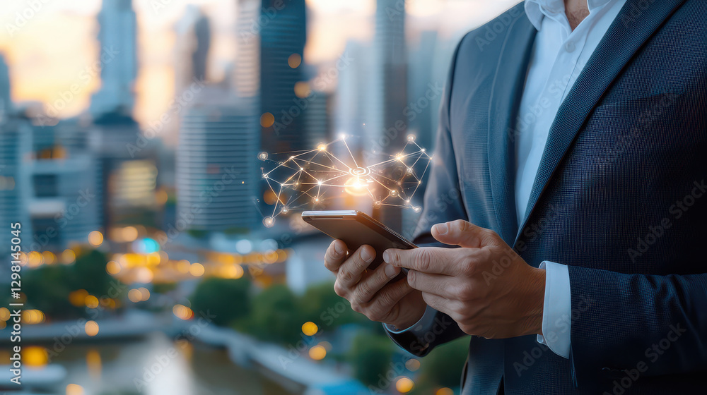 Poster businessman in suit holds smartphone with glowing network hologram, symbolizing iot technology and c