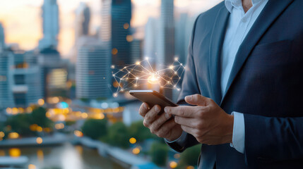 businessman in suit holds smartphone with glowing network hologram, symbolizing IoT technology and connectivity against cityscape background