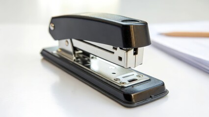 Black Stapler and Paper on Desk