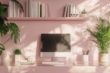 Modern Pink Home Office Workspace with Sunlight and Plants