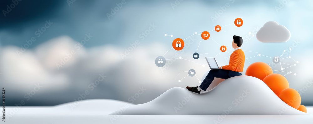 Poster person sitting on cloud with laptop, surrounded by digital icons representing cybersecurity and clou