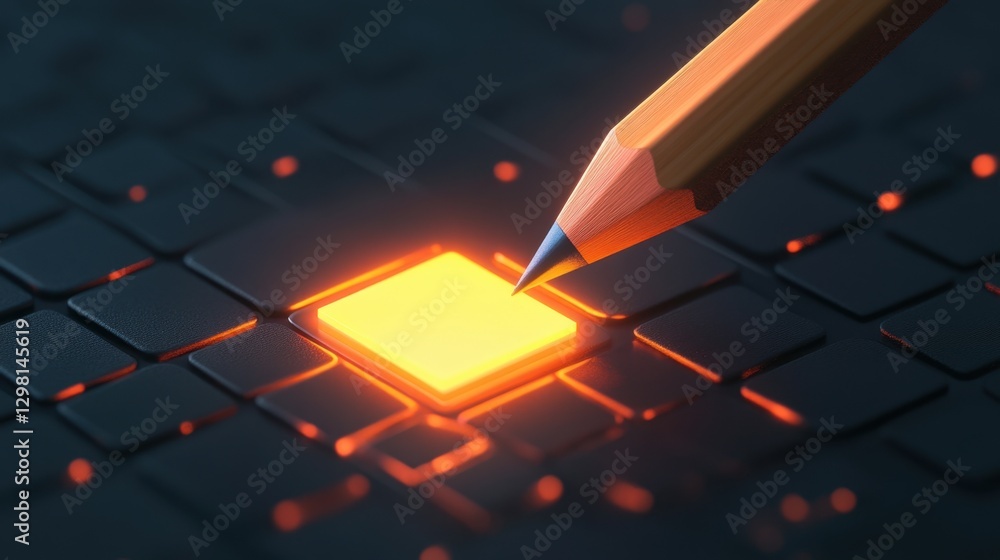 Poster animated pencil hovering over a glowing edit button, representing creativity and editing