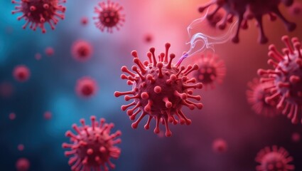 Evali. Detailed red coronavirus particles with spike proteins, floating in blue and pink gradient, medical research concept, pandemic awareness, healthcare background, scientific visualization, viral