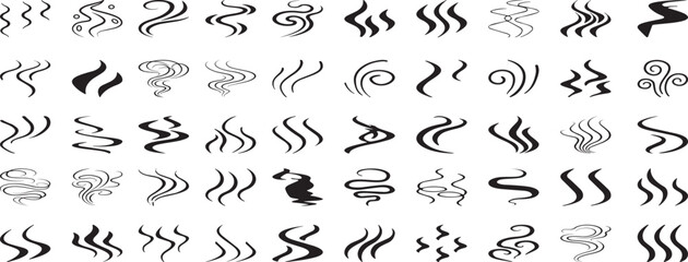 Smoke steam icon vector logo set. Smoke smell, steam aroma heat icon illustration. Hot vapor fire doodle line logo. Hit stink, coffee, fragrance flame elements.