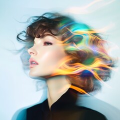 Fototapeta premium Futuristic artistic portrait of a young woman with dynamic flowing hair illuminated by vibrant neon light effects in a modern digital artwork
