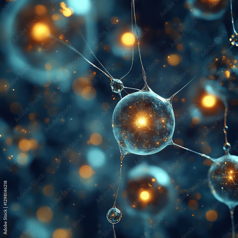 Poster abstract image depicting a neural network or interconnected cells, glowing orbs representing nodes, 
