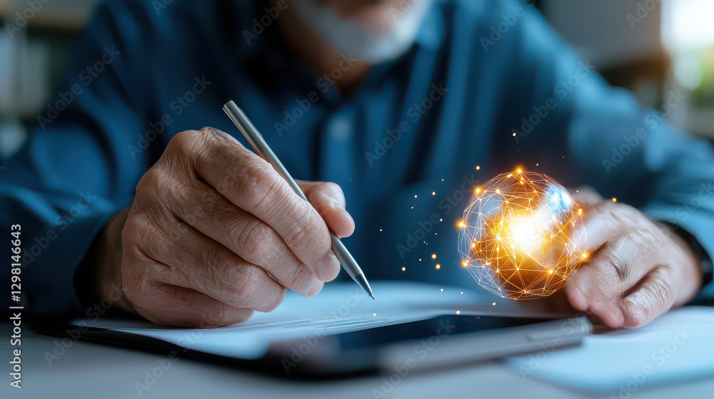 Aufkleber person writing on paper with pen, while glowing digital globe with network connections hovers nearby