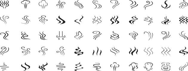Smoke steam icon vector logo set. Smoke smell, steam aroma heat icon illustration. Hot vapor fire doodle line logo. Hit stink, coffee, fragrance flame elements.