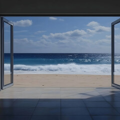 Ocean View 3D Render: Beach, Waves, and Open Doors