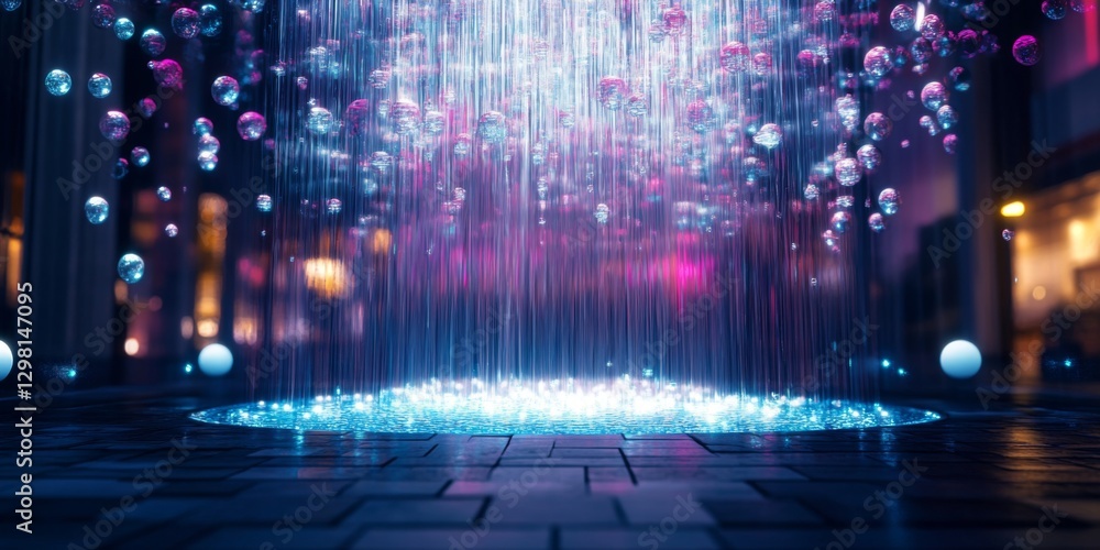 Poster a stunning display of colorful lights shines in a modern space. bright bubbles float gently above a 