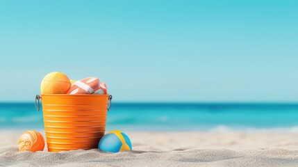 A vibrant orange bucket filled with colorful beach balls on a sandy beach, perfect for summer fun.