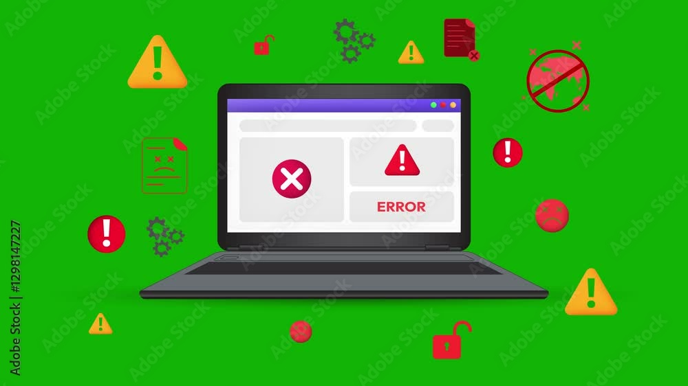 Poster errors and potential virus threats appearing on the laptop screen and floating around with a green s