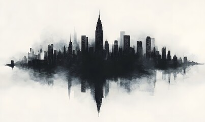 Naklejka premium Futuristic Monochrome City Skyline Reflection on Digital Art
