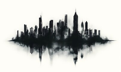 Stunning Black Ink Drawn Futuristic Cityscape with Minimalistic Reflection on Water