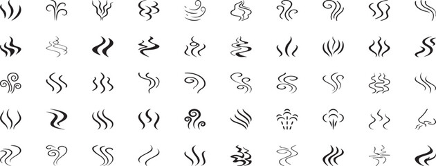 Smoke steam icon vector logo set. Smoke smell, steam aroma heat icon illustration. Hot vapor fire doodle line logo. Hit stink, coffee, fragrance flame elements.