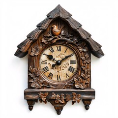 Antique Wooden Cuckoo Clock with Bird and Leaf Details