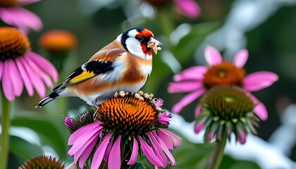Colorful goldfinch bird feeding on flowers garden wildlife photography vibrant environment close-up nature's beauty