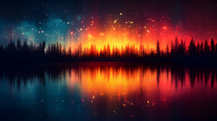 Naklejka premium Fiery Night Sky Reflecting on a Still Lake