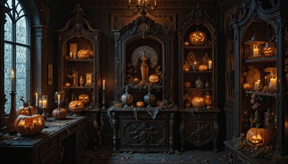 Obraz premium Étude victorienne avec des chauves-souris posées sur des étagères poussiéreuses, d'anciennes bougies vacillantes, nuit d'Halloween, ambiance macabre et inquiétante