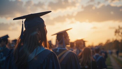 Sunset Graduation Ceremony: A silhouette of graduates at sunset, celebrating their achievements and bright future.