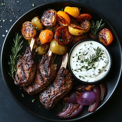 Grilled Lamb Chops, Roasted Veggies, Creamy Sauce