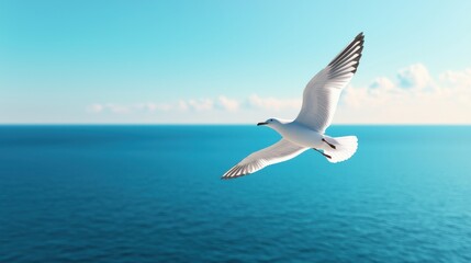 A seagull gracefully soars above the serene blue ocean under a bright sky, capturing freedom and nature's beauty.