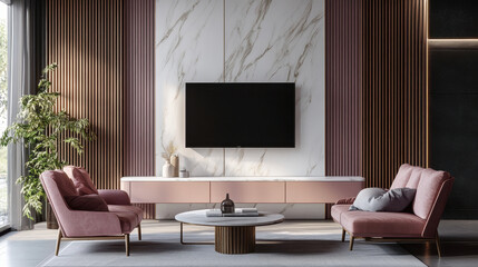 Fototapeta premium Luxury Living Room: A modern living room exudes elegance, with two plush armchairs, a sleek TV, and a stylish coffee table. Wooden paneling, marble accents.