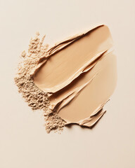 A creamy, warm beige foundation is artistically smeared alongside soft, scattered loose powder on a smooth light background, illustrating texture and cosmetic artistry