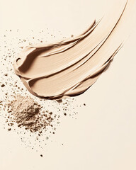 A sweeping stroke of creamy beige foundation arcs across a soft background, with loose powder scattered nearby, showcasing the blending and texture of cosmetic artistry