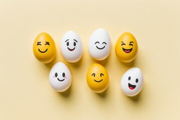 Seven easter eggs displaying smileys on a yellow background