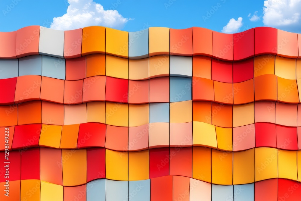 Poster modern architectural facade with vibrant orange and red geometric patterns featuring wave like undul